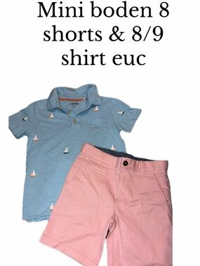 Mini boden boys 8-9 polo boat shirt & 8 pink adjustable waist chino shorts